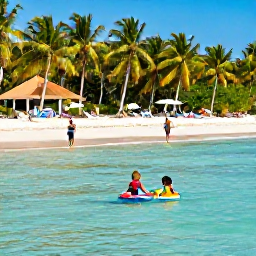Caribbean Holidays, Cuba Family Holidays, Family-friendly Cuban beach with children paddling in shallow clear water, parents relaxing under palm trees and bright Caribbean sunshine