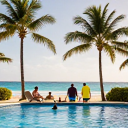 Caribbean Holidays, Cuba Family Holidays, Family-friendly Cuban resort beside a palm-fringed beach, with parents relaxing and children enjoying a supervised pool in warm April sunshine