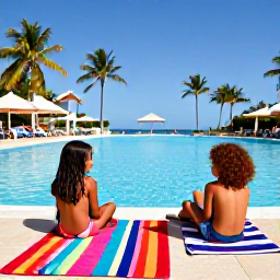 Caribbean Holidays, Cuba Family Holidays, Family relaxing beside a Cuban resort swimming pool, colourful towels, palm trees and clear blue sky