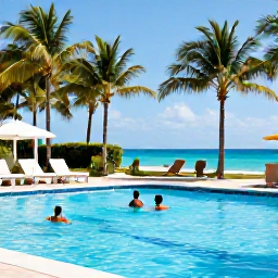 Caribbean Holidays, Cuba Family Holidays, Family relaxing beside a swimming pool at a Cuban beach resort, palm trees, bright sunshine and children playing safely