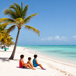 Caribbean Holidays, Cuba Family Holidays, Family relaxing on a bright sandy beach beside calm turquoise sea in Varadero, Cuba, with palm trees and gentle sunshine