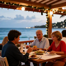Caribbean Holidays, Cuba Family Holidays, Family sharing a relaxed Cuban Christmas meal at a seaside restaurant, warm evening light and festive decorations