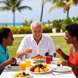 Caribbean Holidays, Cuba Family Holidays, Family sharing a relaxed outdoor meal at a Cuban resort, with fresh fruit, colourful dishes and palm trees in the background