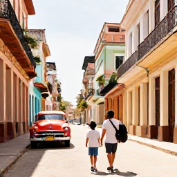 Caribbean Holidays, Cuba Family Holidays, Family walking through colourful Old Havana streets, admiring classic American cars and colonial buildings in warm November sunlight