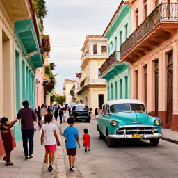 Caribbean Holidays, Cuba Family Holidays, Family walking through colourful streets in Old Havana, viewing classic American cars, colonial buildings and musicians in warm daylight