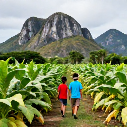 Caribbean Holidays, Cuba Family Holidays, Family walking through lush green tobacco fields and dramatic limestone hills in Vi&ntilde;ales Valley, Cuba