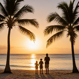 Caribbean Holidays, Cuba Family Holidays, Family watching the sunset over a Cuban beach, with palm silhouettes, warm golden light and calm sea