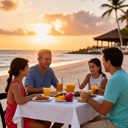Caribbean Holidays, Cuba Family Holidays, Happy family dining outdoors at a Cuban resort near the beach at sunset, with colourful local food and a relaxed holiday atmosphere