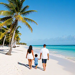 Caribbean Holidays, Cuba Family Holidays, Happy family walking along a sunny Cuban beach in December, palm trees and calm turquoise sea