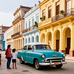 Caribbean Holidays, Cuba Family Holidays, Parents and children exploring the colourful streets and classic American cars of Havana, Cuba, in warm afternoon light