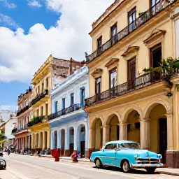 Caribbean Holidays, Cuba February Tours, Travellers exploring Havana's historic Old Town with colourful buildings, balconies and a classic American car