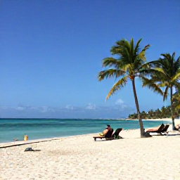 Caribbean Holidays, Cuba February Tours, White sandy beach and clear turquoise water at a Cuban Caribbean resort with palm trees and sun loungers