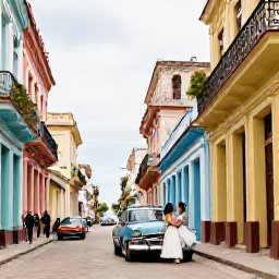 Caribbean Holidays, Cuba February Weddings, A couple exploring colourful colonial streets in Havana after their wedding, with classic cars and historic buildings