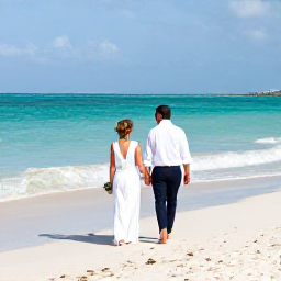 Caribbean Holidays, Cuba February Weddings, A newlywed couple walking along a bright Cuban beach in February, with turquoise sea, white sand and gentle sunshine