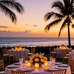 Caribbean Holidays, Cuba February Weddings, A romantic Cuban wedding reception at sunset with tropical flowers, candles, dining tables and the sea beyond