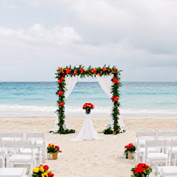 Caribbean Holidays, Cuba February Weddings, An elegant beach wedding ceremony in Cuba with white chairs, tropical flowers and a calm turquoise sea