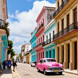 Caribbean Holidays, Cuba Holidays, Colourful classic American cars on a sunlit street in Old Havana, with pastel colonial buildings and people strolling