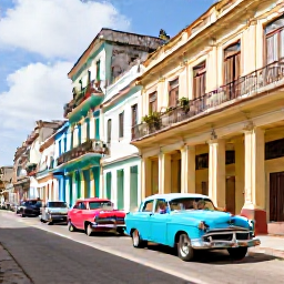Caribbean Holidays, Cuba Holidays, Colourful classic American cars on a sunny street in Old Havana, with pastel colonial buildings and lively local life