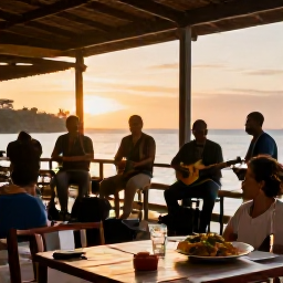 Caribbean Holidays, Cuba Holidays, Cuban street caf&eacute; at sunset with musicians playing live music, traditional food on tables and a warm welcoming atmosphere