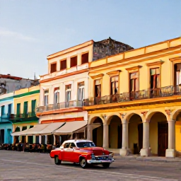 Caribbean Holidays, Cuba Holidays, Historic Old Havana square with colourful colonial architecture, vintage cars, balconies and lively outdoor caf&eacute;s in warm afternoon light