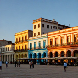 Caribbean Holidays, Cuba Holidays, Historic Plaza Vieja in Havana at golden hour, surrounded by colourful restored buildings, caf&eacute;s and people enjoying the square