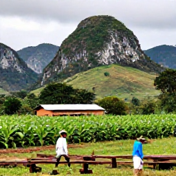 Caribbean Holidays, Cuba Holidays, Lush green Vi&ntilde;ales Valley in Cuba with limestone hills, tobacco fields and a farmer walking beside a traditional plantation