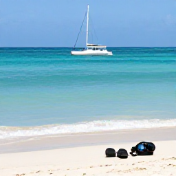 Caribbean Holidays, Cuba Holidays March, Cuban beach in March with calm turquoise sea, white sand, snorkelling equipment and a small catamaran offshore
