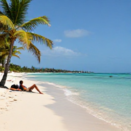 Caribbean Holidays, Cuba Holidays March, Cuban beach with clear turquoise water, pale sand, palm trees and a traveller relaxing in warm March sunshine