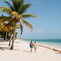 Caribbean Holidays, Cuba Holidays May, A relaxed couple walking along a palm-fringed Cuban beach in warm May sunshine, turquoise sea and soft white sand