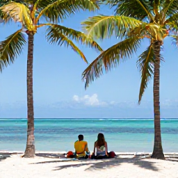 Caribbean Holidays, Cuba Holidays May, Couple relaxing on a calm Varadero beach with palm trees, clear blue water and a bright May sky