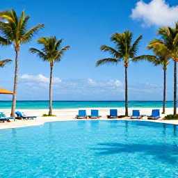 Caribbean Holidays, Cuba Holidays May, Cuban all-inclusive resort pool beside a tropical beach with sun loungers, palm trees and blue sky