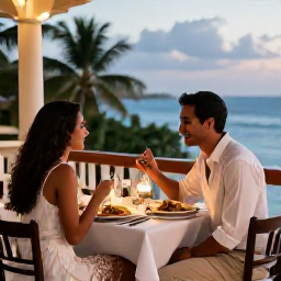 Caribbean Holidays, Cuba Holidays May, Romantic Cuban dinner for two on a terrace, with local dishes, soft evening light and tropical surroundings