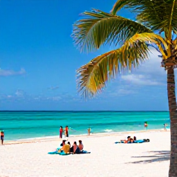 Caribbean Holidays, Cuba Holidays May, Sunny Varadero beach in Cuba with turquoise sea, white sand, palm trees and relaxed holidaymakers