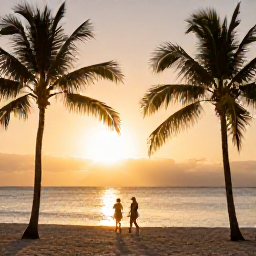 Caribbean Holidays, Cuba Holidays, Relaxed Cuban beach holiday scene at sunset, with palm trees, calm sea, warm golden light and a couple walking along the shore