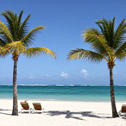 Caribbean Holidays, Cuba Holidays, White sandy Caribbean beach in Varadero with palm trees, calm turquoise sea, sun loungers and a bright blue sky