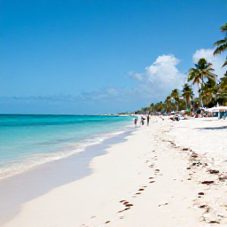 Caribbean Holidays, Cuba Holidays, Wide white-sand beach in Varadero with clear turquoise water, palm trees and relaxed holidaymakers