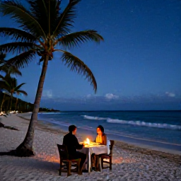 Caribbean Holidays, Cuba Honeymoon December, Cuban honeymoon couple sharing a candlelit dinner on a tropical beach, palm trees, gentle waves and starry evening sky