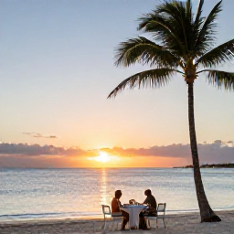 Caribbean Holidays, Cuba Honeymoon December, Elegant beachfront resort in Varadero at sunset, palm trees, calm Caribbean water and a couple enjoying a private dinner