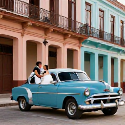 Caribbean Holidays, Cuba Honeymoon December, Newly married couple exploring colourful Old Havana streets beside a vintage American car, colonial buildings and warm afternoon light