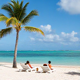 Caribbean Holidays, Cuba Honeymoon January, Couple relaxing on a palm-fringed Cuban beach with sun loungers, clear turquoise water and a calm blue sky