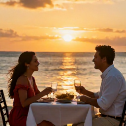 Caribbean Holidays, Cuba Honeymoon January, Newlyweds enjoying a romantic sunset dinner beside the Caribbean Sea in Cuba, candles, local food and warm golden light