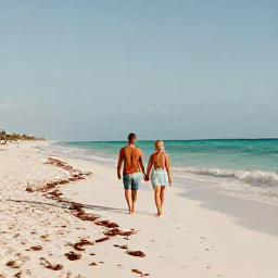 Caribbean Holidays, Cuba Honeymoon January, Newlyweds walking hand in hand along a quiet white-sand beach in Varadero, Cuba, warm January sunlight and turquoise sea