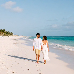 Caribbean Holidays, Cuba Honeymoon July, A newlywed couple walking along a quiet white-sand beach in Varadero, Cuba, in warm July sunshine
