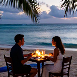Caribbean Holidays, Cuba Honeymoon July, Couple enjoying a candlelit dinner beside the sea at a Cuban resort in July