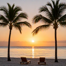 Caribbean Holidays, Cuba Honeymoon July, Romantic sunset over a calm Caribbean beach in Varadero, Cuba, with palm trees and two beach loungers