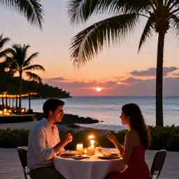 Caribbean Holidays, Cuba Honeymoon June, A couple enjoying a candlelit dinner beside the sea at a Cuban resort, with palm trees and a glowing sunset in June