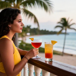 Caribbean Holidays, Cuba Honeymoon June, A romantic Cuban evening with two glasses of rum cocktails on a balcony overlooking the sea and palm trees