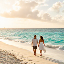 Caribbean Holidays, Cuba Honeymoon May, A newlywed couple walking hand in hand along a quiet Cuban beach at sunset, warm golden light, turquoise Caribbean Sea