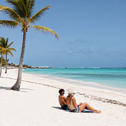 Caribbean Holidays, Cuba Honeymoon May, Couple relaxing on a white sandy beach in Varadero, Cuba, palm trees, clear turquoise water, sunny May weather