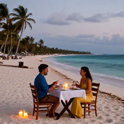 Caribbean Holidays, Cuba Honeymoon May, Elegant honeymoon dinner for two on a Cuban beach, candles, tropical evening, gentle sea in the background